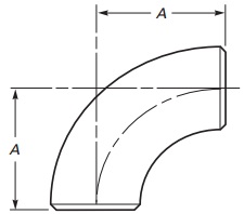 The technical drawing of ASME B16.9 short radius elbows