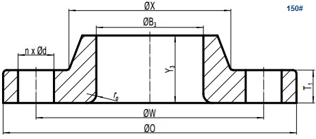 Drawing of ASME B16.5 Class 150 lap joint (lapped) flange.