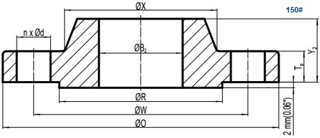 Drawing of ASME B16.5 Class 150 slip on flange, raised face(RF).