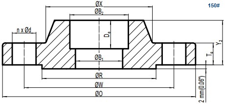 Drawing of ASME B16.5 Class 150 socket weld flange, raised face(RF).