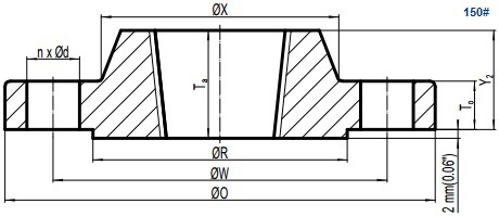 Drawing of ASME B16.5 Class 150 threaded flange, raised face(RF).