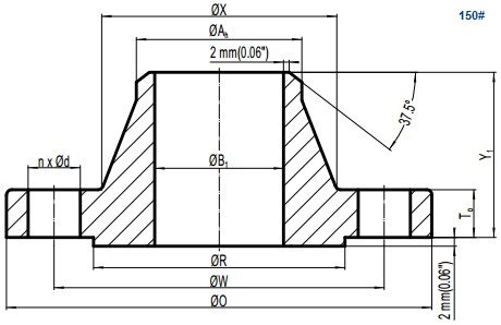 Drawing of ASME B16.5 Class 150 weld neck flange, raised face(RF).