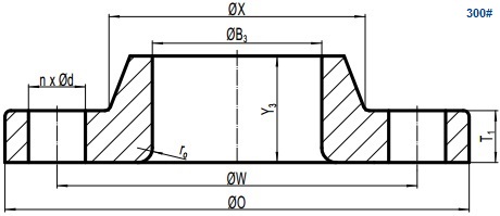 Drawing of ASME B16.5 Class 300 lap joint flange.