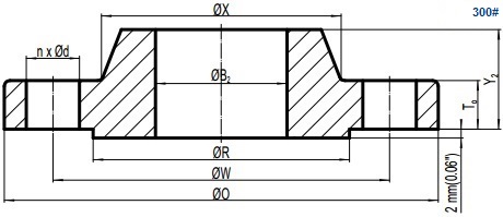 Drawing of ASME B16.5 Class 300 slip on flange, raised face(RF).