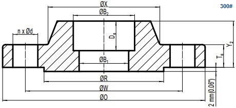 Drawing of ASME B16.5 Class 300 socket welding flange, raised face(RF).