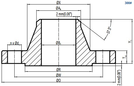 Drawing of ASME B16.5 Class 300 weld neck flange, raised face(RF).