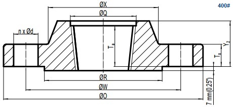 Drawing of ASME B16.5 Class 400 threaded flange, raised face(RF).