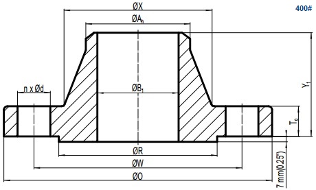 Drawing of ASME B16.5 Class 400 weld neck flange, raised face(RF).