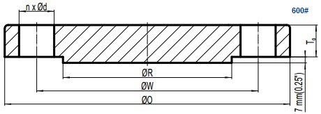 Drawing of ASME B16.5 Class 600 blind flange, raised face(RF).