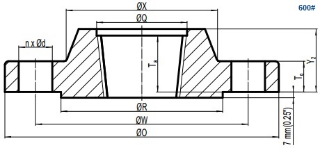 Drawing of ASME B16.5 Class 600 threaded flange, raised face(RF).