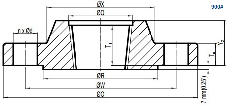 Drawing of ASME B16.5 Class 900 threaded flange, raised face(RF).